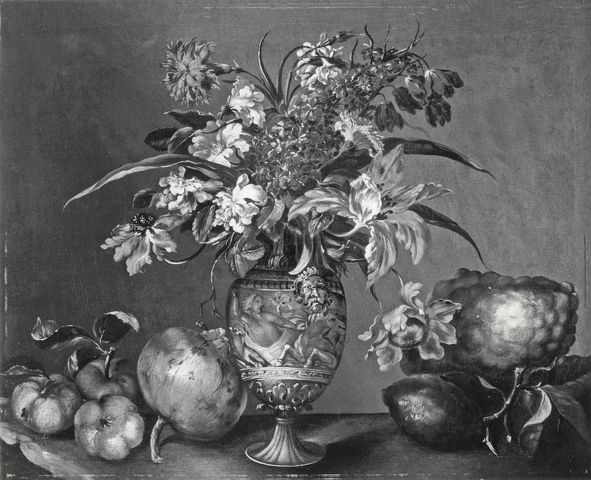 Anonimo — Pérez Bartolomé (ambito) - sec. XVII - Natura morta con vaso di fiori e frutta — insieme